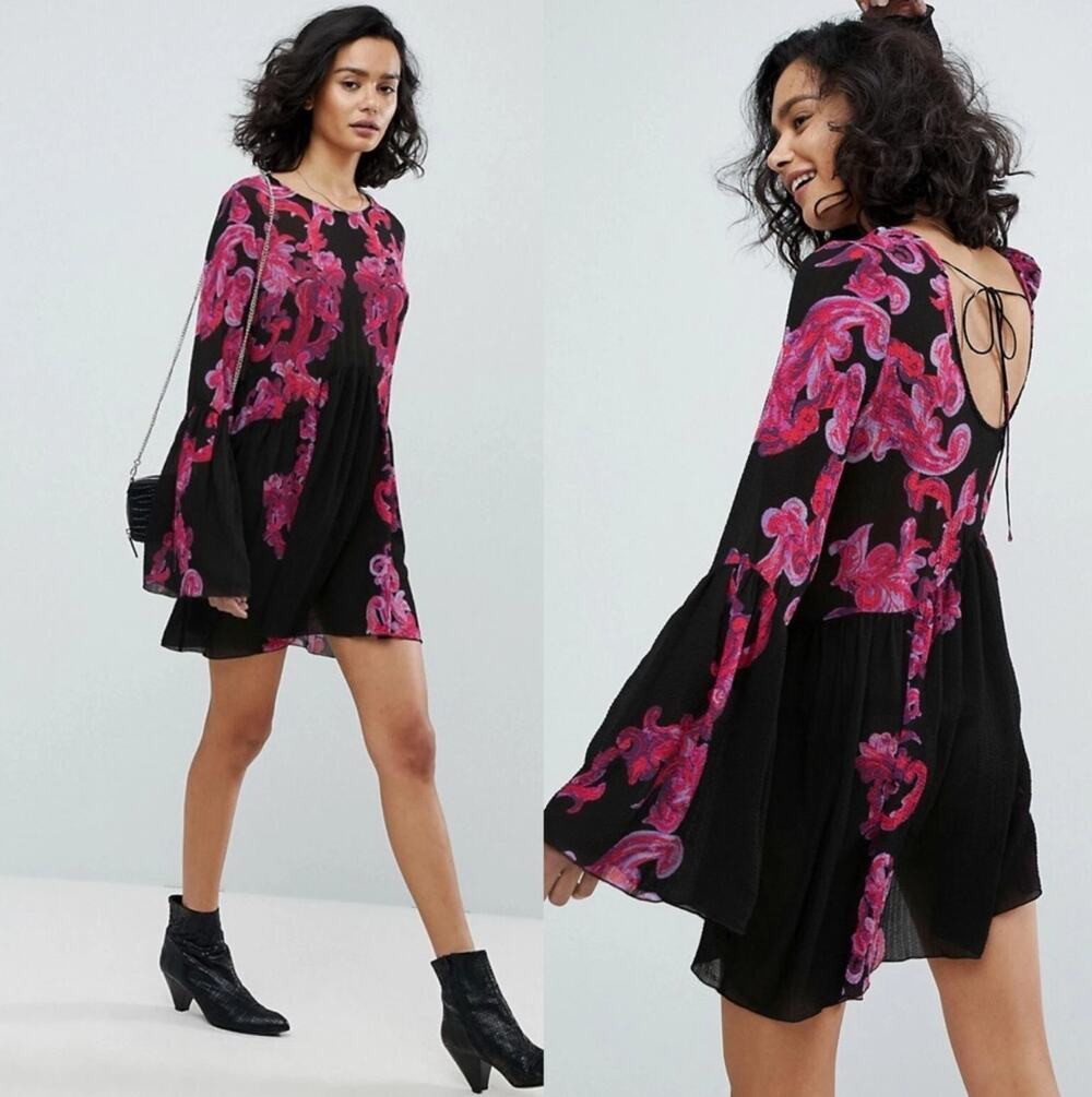Free People Intimately SYMPHONY Sheer Tunic Babydoll Dress in Black Combo Size S
